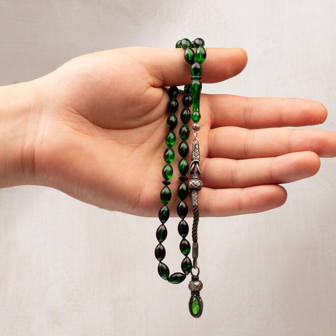 Pressed Amber rosary in gradient green color with a silver glass tassel - 2