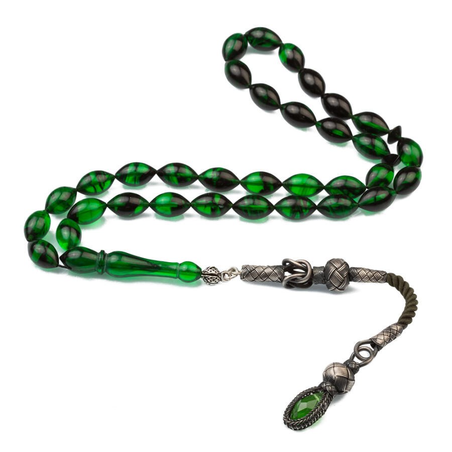 Pressed Amber rosary in gradient green color with a silver glass tassel - 1