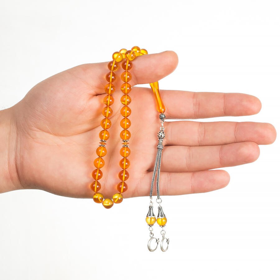 Pressed Amber rosary with yellow beads and a double tassel - 3