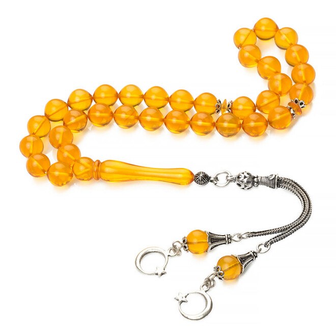 Pressed Amber rosary with yellow beads and a double tassel - 1