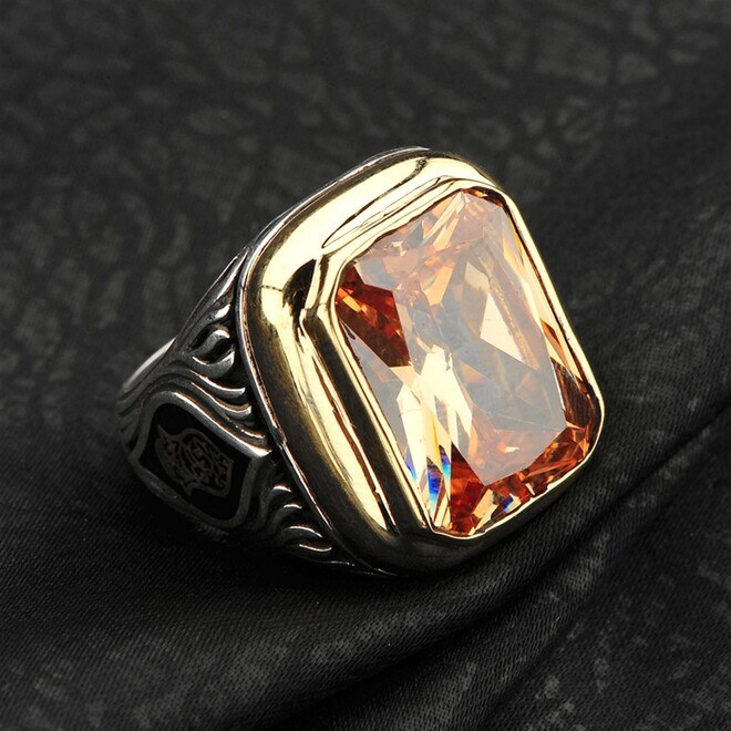 Rectangular Citrine studded Stone Sterling Silver Men's Ring with Changeable Side Symbols - 3