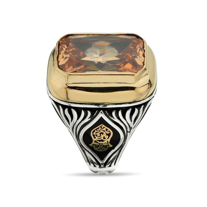 Rectangular Citrine studded Stone Sterling Silver Men's Ring with Changeable Side Symbols - 4