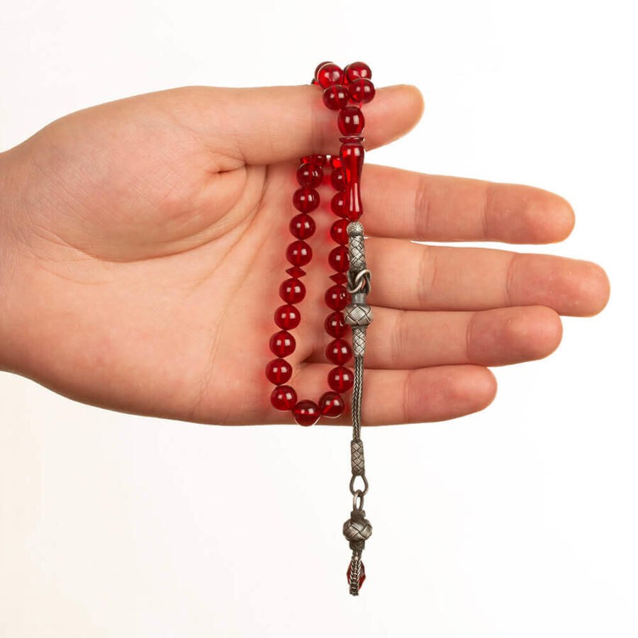 Red Pressed Amber rosary with a tassel carrying a glass piece - 2