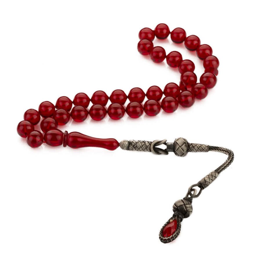 Red Pressed Amber rosary with a tassel carrying a glass piece - 1