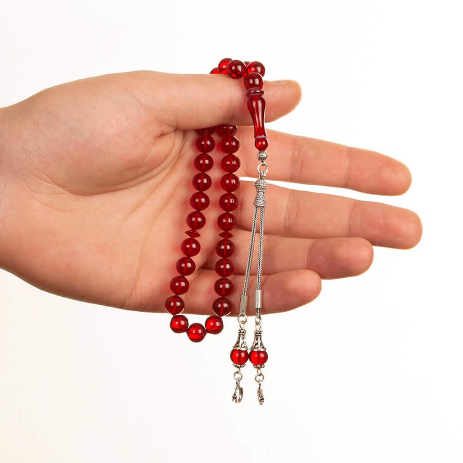 Red Pressed Amber Rosary with Double Tassels bearing Moon Star - 3