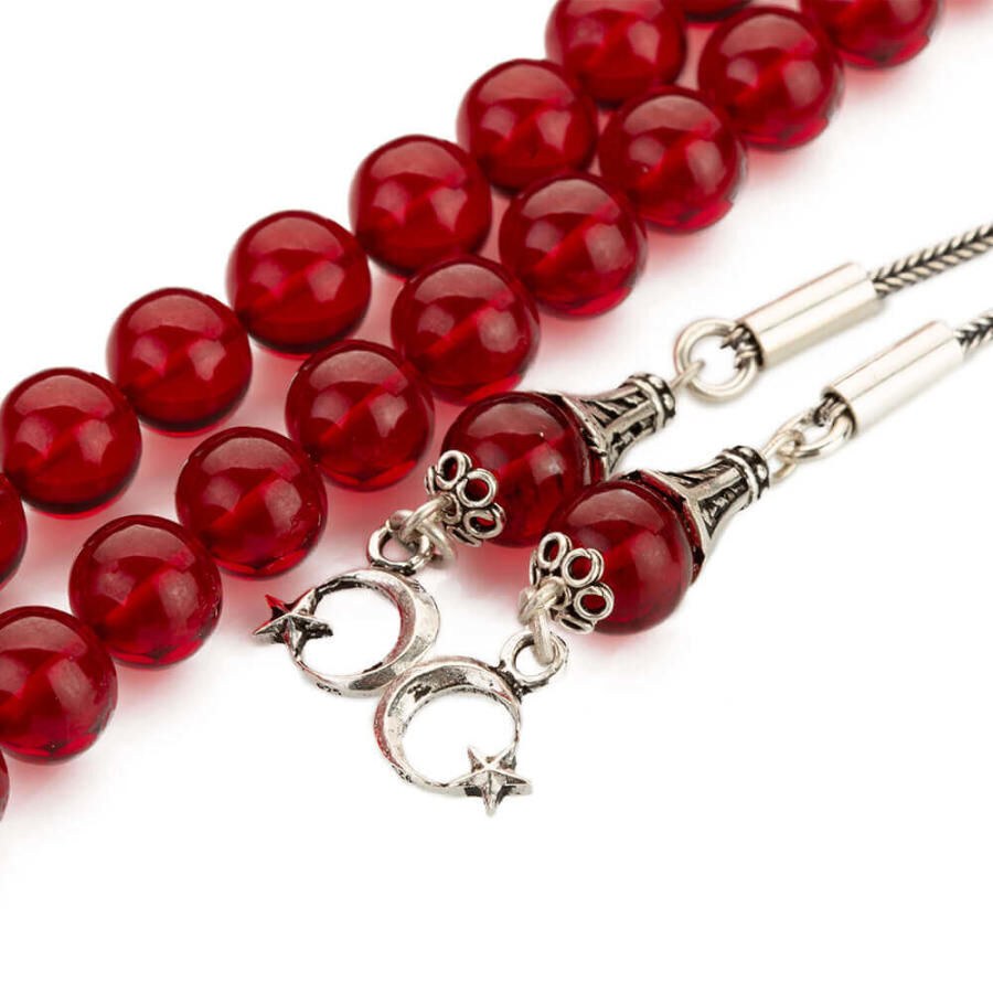 Red Pressed Amber Rosary with Double Tassels bearing Moon Star - 4