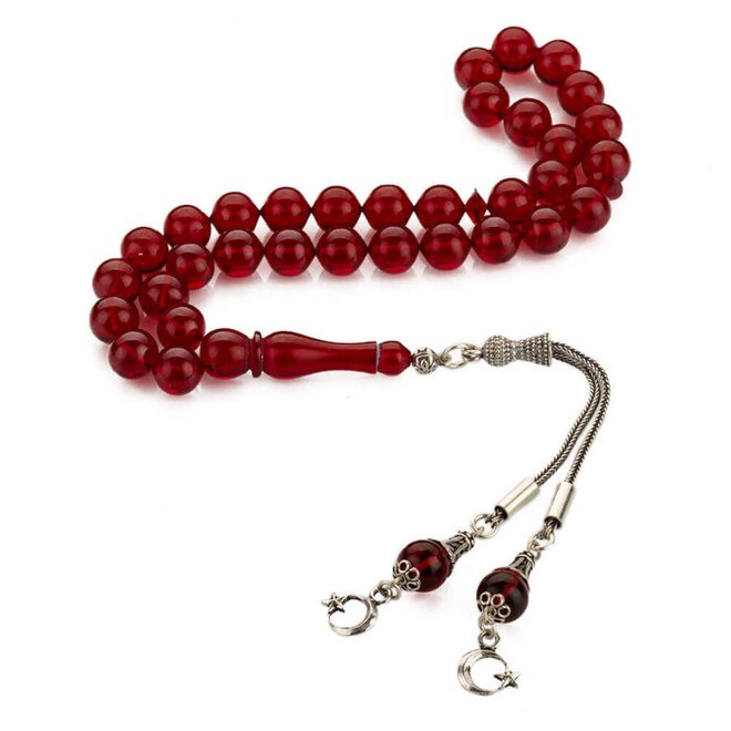 Red Pressed Amber Rosary with Double Tassels bearing Moon Star - 1