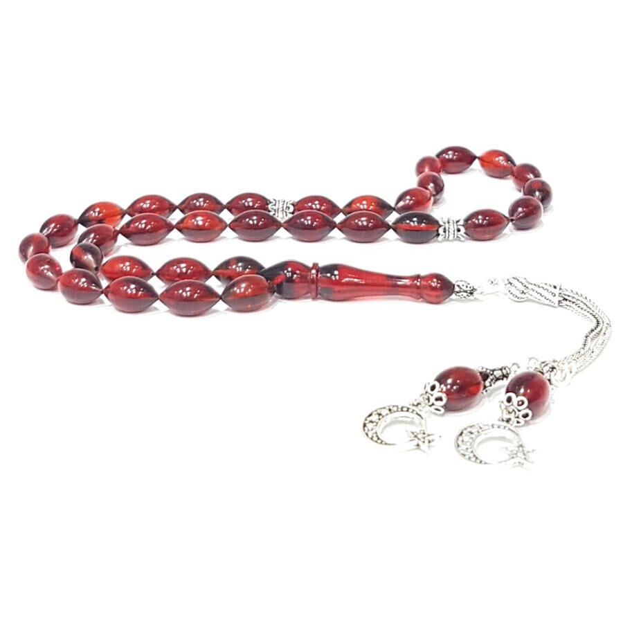 Red rosary made of pressed amber with a double tassel - 1