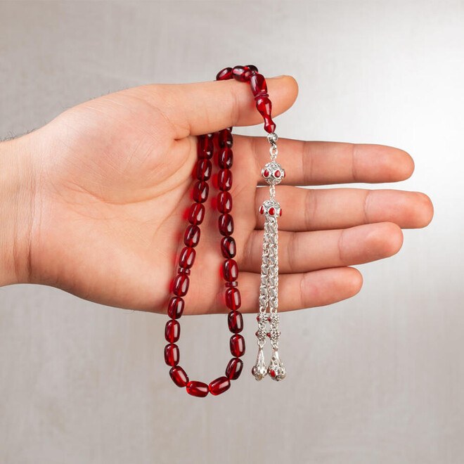 Red rosary made of pressed amber with a silver tassel - 2