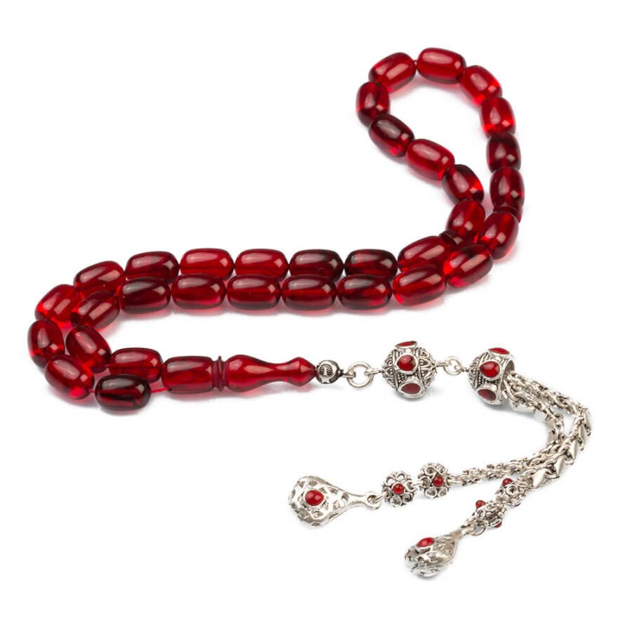 Red rosary made of pressed amber with a silver tassel - 1