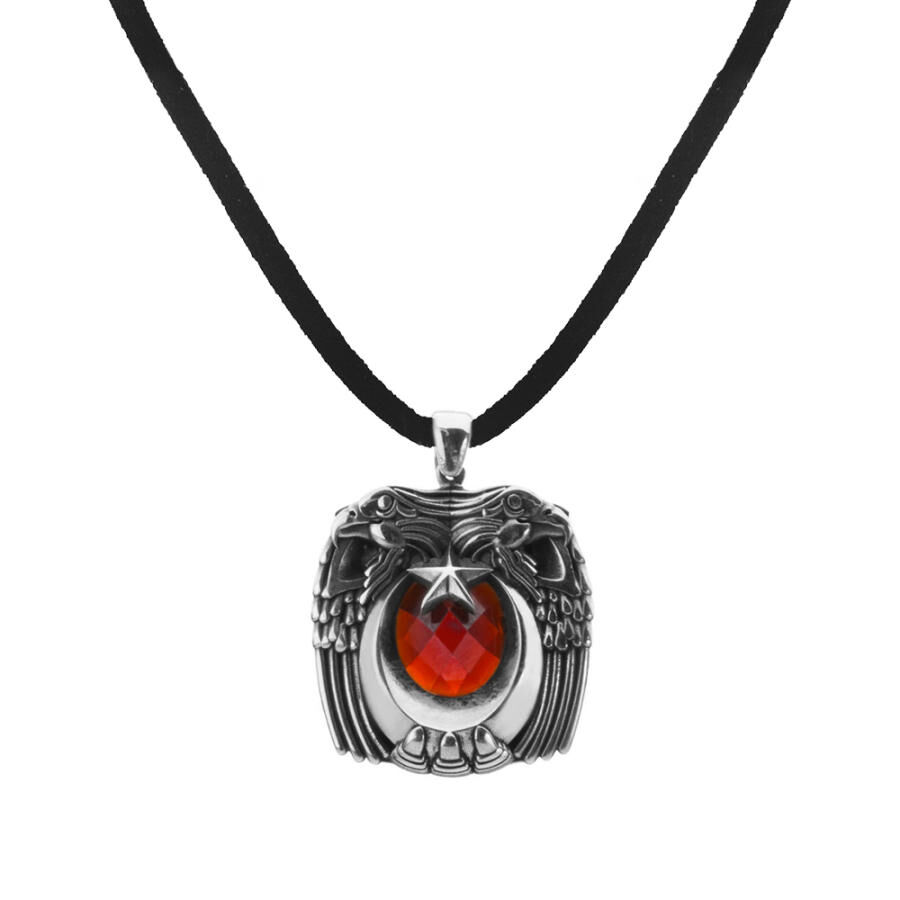 Red Stone Double Eagle Head Clawed Silver Men's Necklace - 1