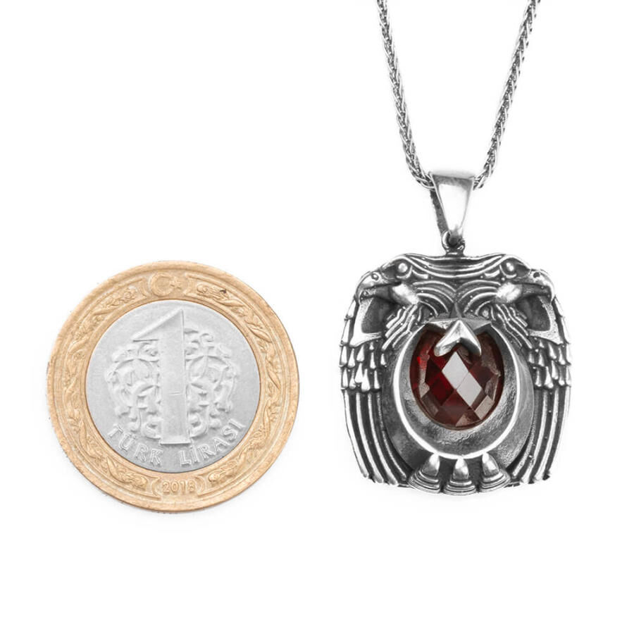 Red Stone Double Eagle Head Clawed Silver Men's Necklace - 2