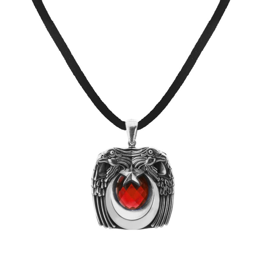 Red Stone Eagle Head Sterling Silver Men's Necklace - 1