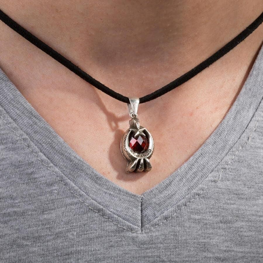 Red Stone Moon Star Clawed Sterling Silver Men's Necklace - 3