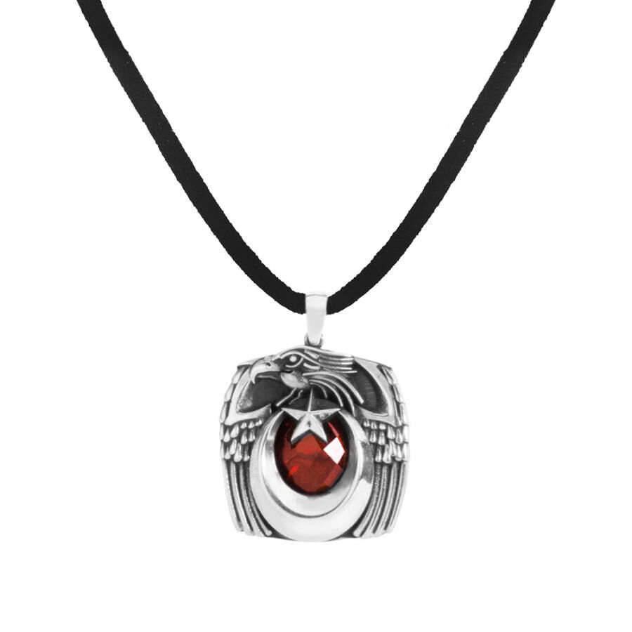 Red Stone Moon Star Eagle Head Sterling Silver Men's Necklace - 1