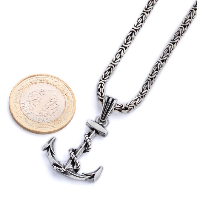 Rope Spiral Anchor Model 925 Sterling Silver Men's Necklace With King Chain - 3