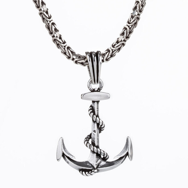 Rope Spiral Anchor Model 925 Sterling Silver Men's Necklace With King Chain - 1