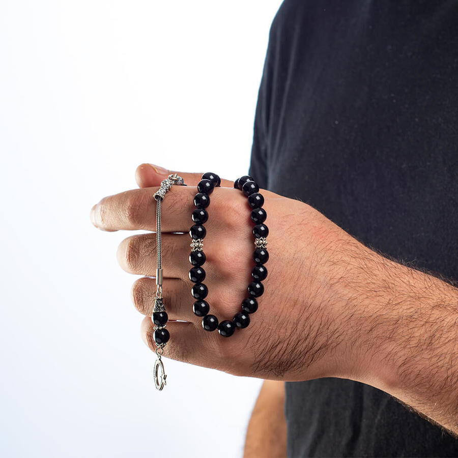 Rosary made of black agate with moon star decorated tassel - 2