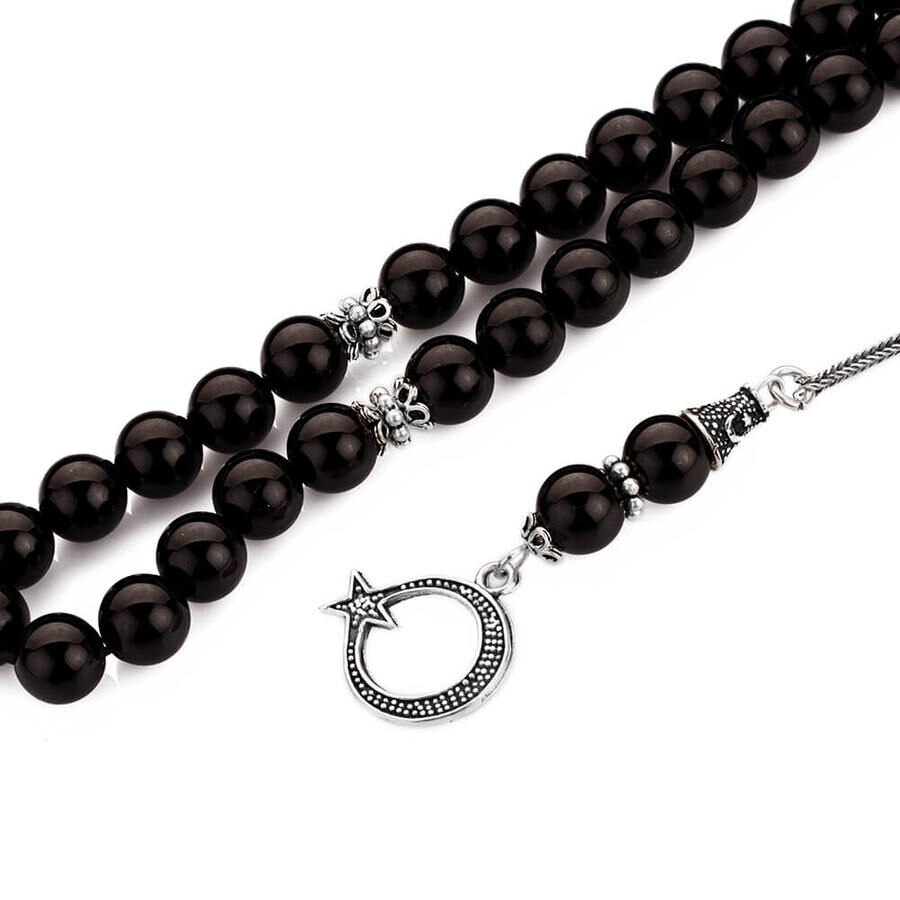 Rosary made of black agate with moon star decorated tassel - 3