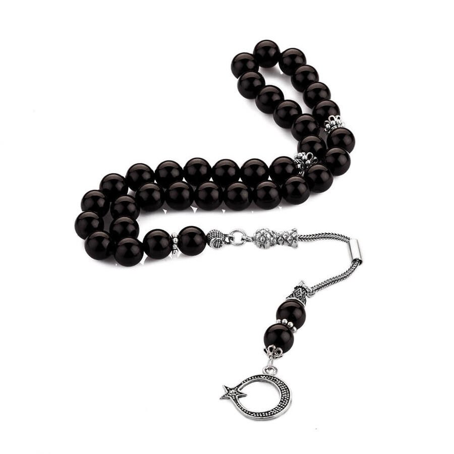 Rosary made of black agate with moon star decorated tassel - 1