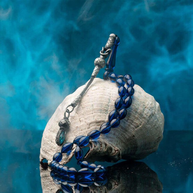 Rosary made of Blue Pressed amber with Qazzazia tassel - 2