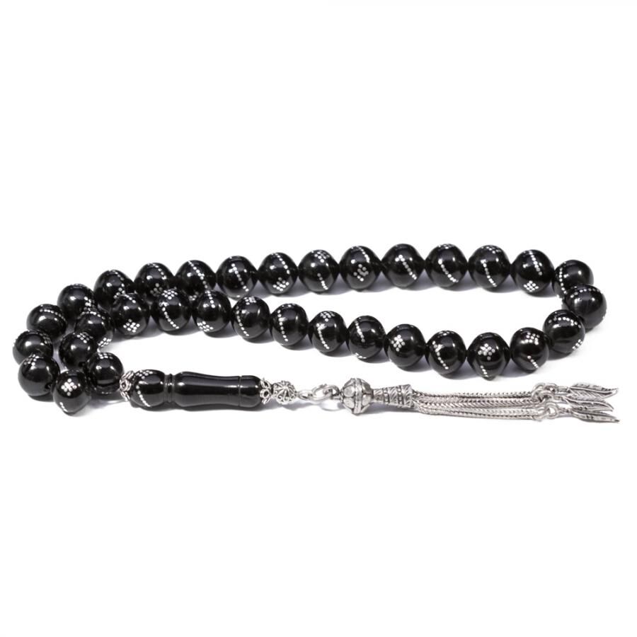 Rosary made of Erzurum Lignite stone engarved with silver - 1