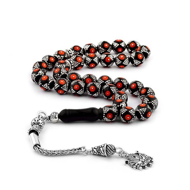 Rosary made of Erzurum lignite stone engraved with 925 silver - 1