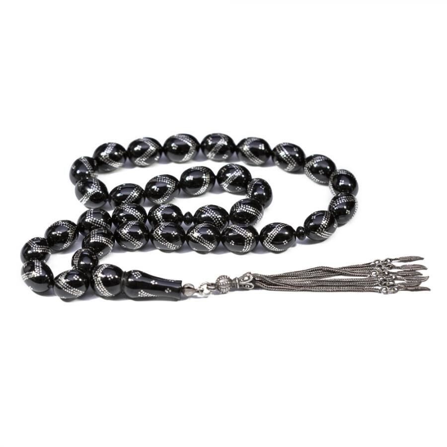 Rosary made of Erzurum lignite stone engraved with three rows of silver - 1