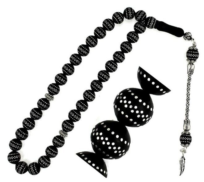 Rosary made of Erzurum lignite stone inlaid with dense silver - 1