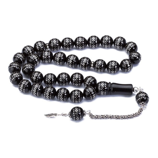 Rosary made of Erzurum lignite stone inlaid with dense silver - 3