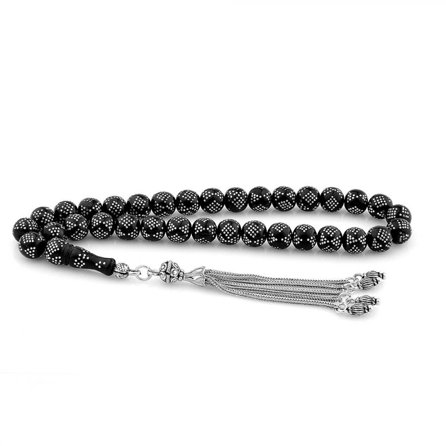 Rosary made of Erzurum lignite stone inlaid with silver - 1