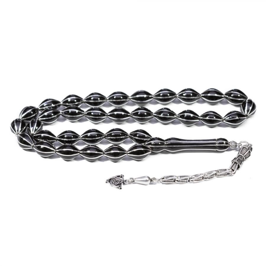 Rosary made of Erzurum lignite stone with beads engraved with silver lines - 1