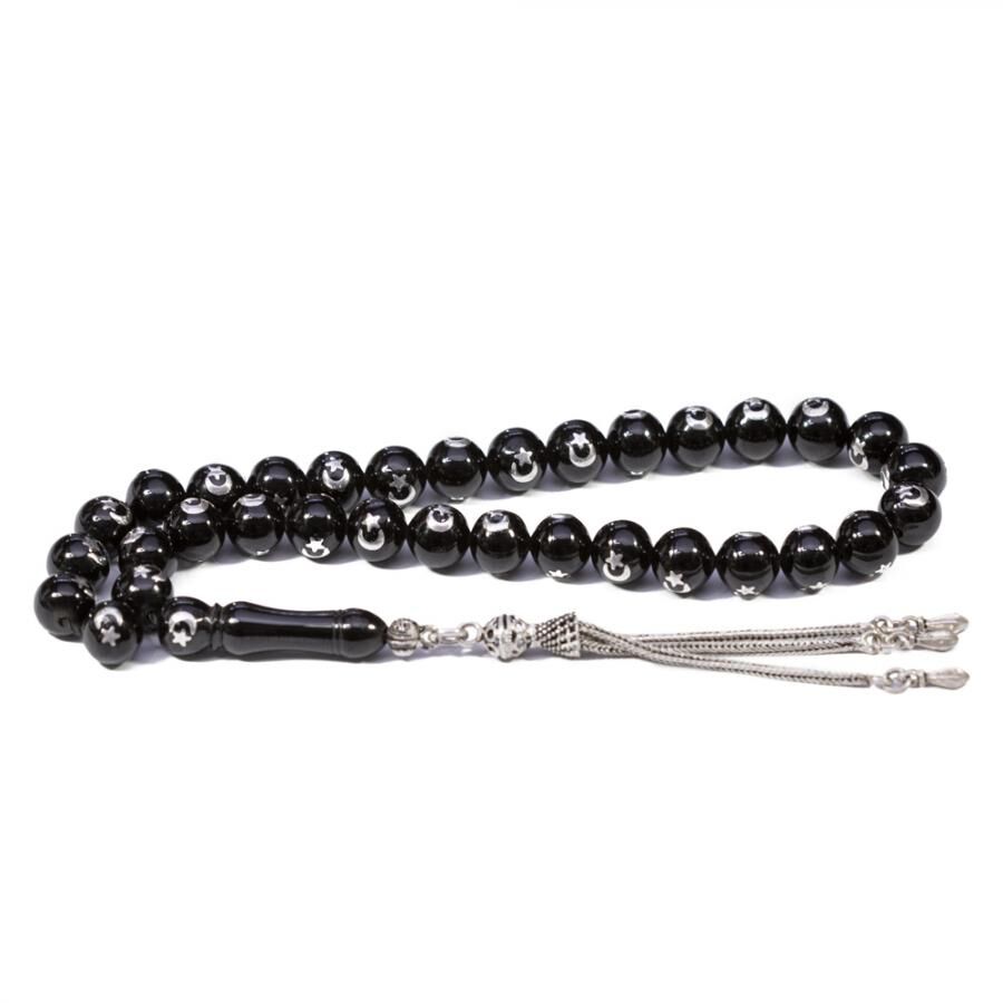 Rosary made of Erzurum lignite stone with moon star engraved beads - 1