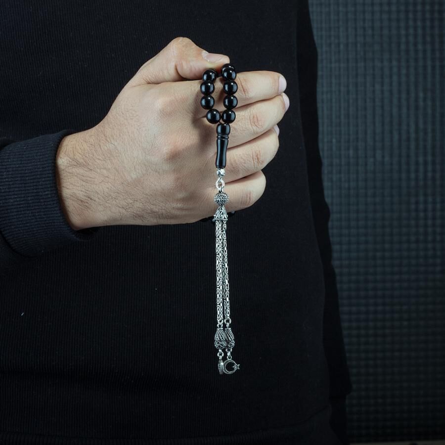 Rosary made of Erzurum lignite stone with moon star pattern decorated tassel - 1