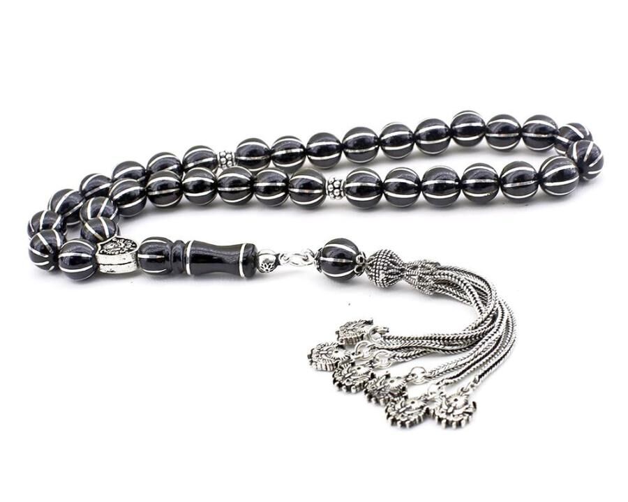 Rosary made of Georgia lignite stone with beads divided into sliced melon - 1