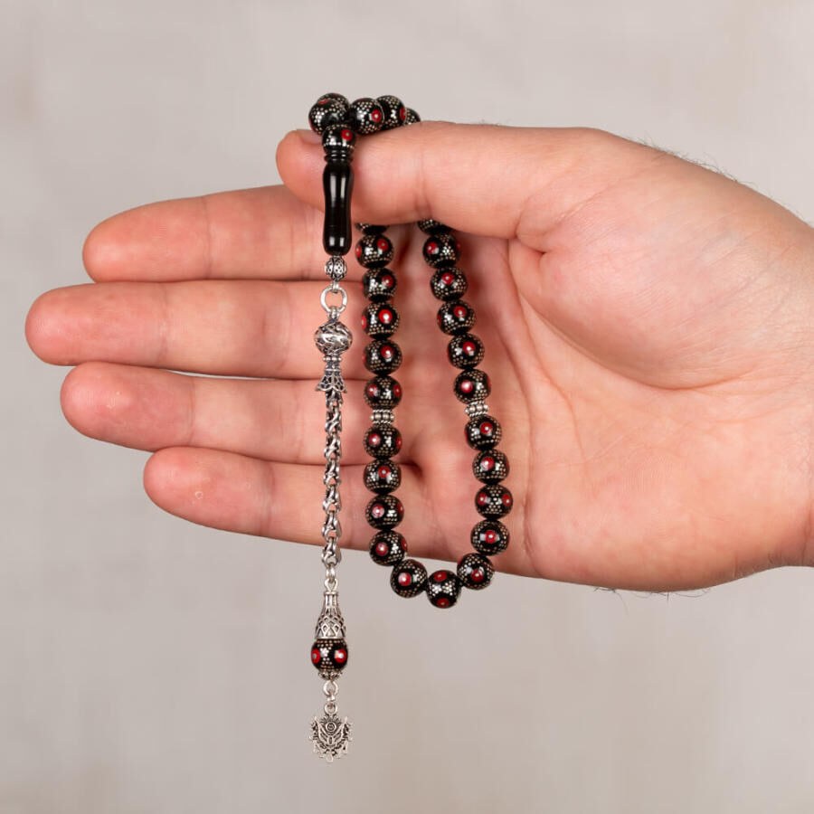  Rosary made of lignite hand-carved with a coral stone - 1