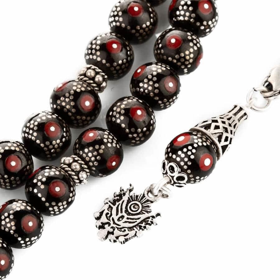  Rosary made of lignite hand-carved with a coral stone - 2