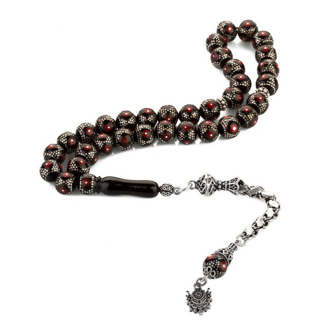  Rosary made of lignite hand-carved with a coral stone - 3