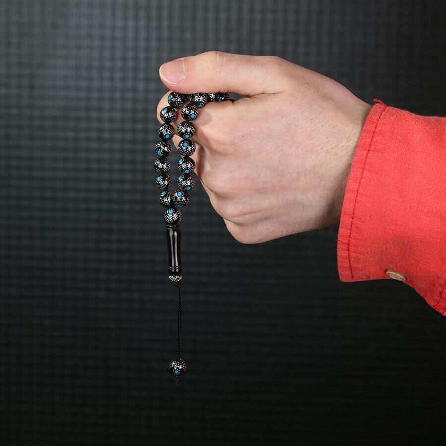 Rosary made of lignite hand-carved with a turquoise stone - 1