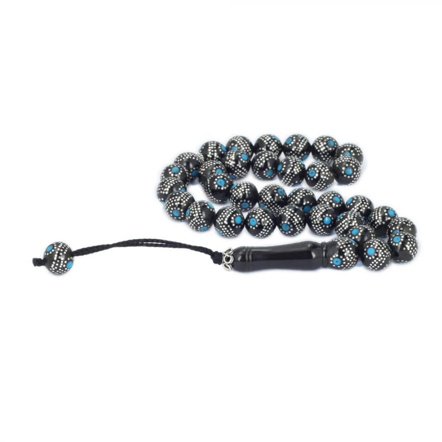 Rosary made of lignite hand-carved with a turquoise stone - 2