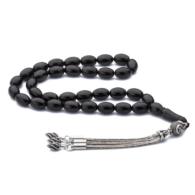 Rosary made of lignite stone decorated with tassel made of silver in different designs - 1