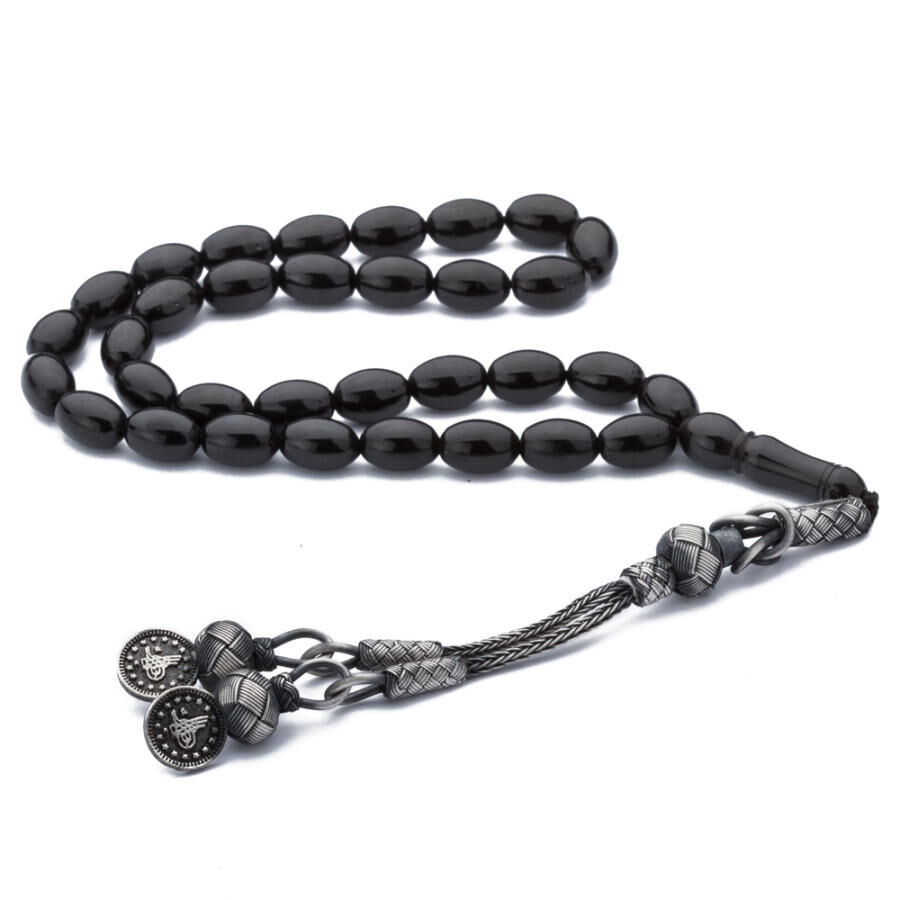 Rosary made of lignite stone decorated with tassel made of silver in different designs - 6