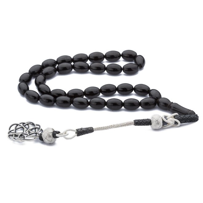 Rosary made of lignite stone decorated with tassel made of silver in different designs - 7