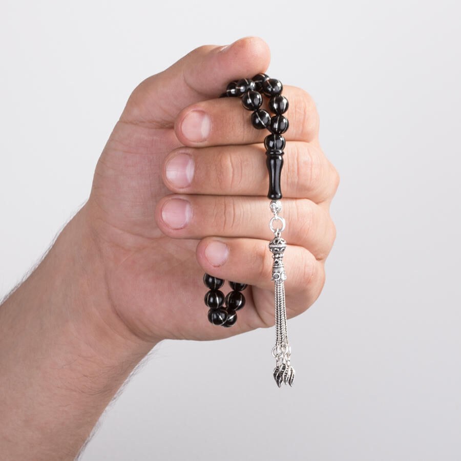 Rosary made of lignite stone embroidered with silver - 1