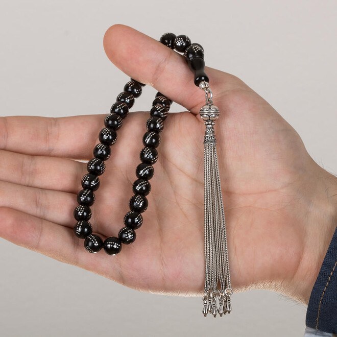 Rosary made of lignite stone engraved in a dot pattern - 2