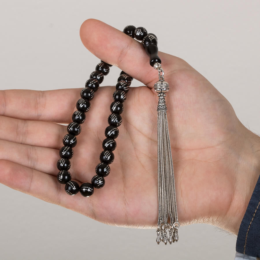 Rosary made of lignite stone engraved in a dot pattern - 2