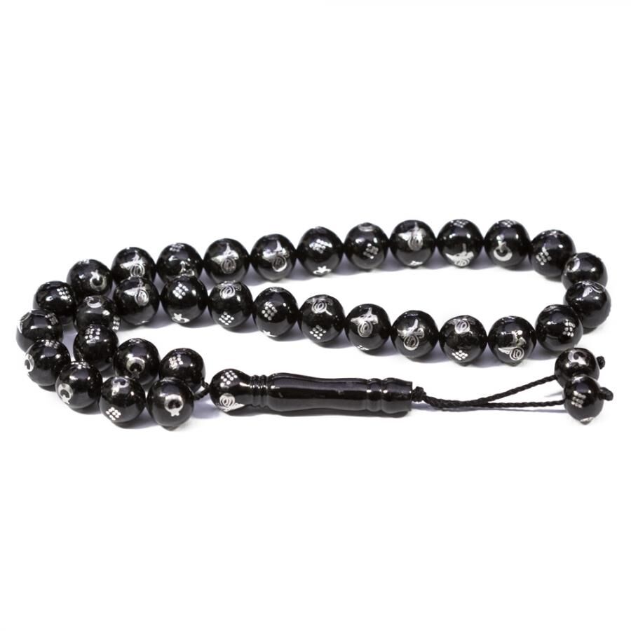 Rosary made of lignite stone engraved with moon star and Tughra symbols - 1