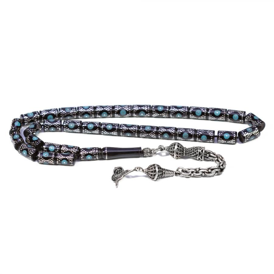 Rosary made of lignite stone engraved with turquoise - 1