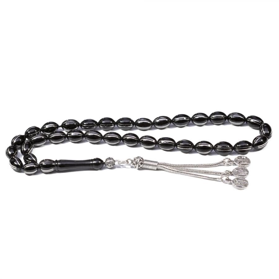 Rosary made of lignite stone striped with double silver lines - 1