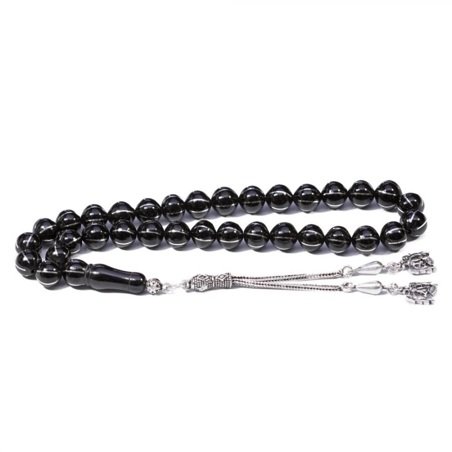 Rosary made of lignite stone with silver-striped beads - 1